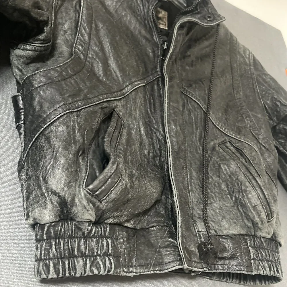 Vintage 90s Soha Fashion’s Boys Charcoal Black Leather Bomber Jacket Sz M